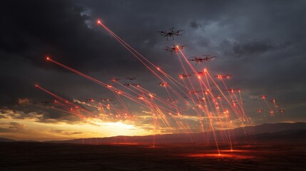 An army of drones flying over a battlefield launching coordinated airstrikes with red tracer trails, cinematic lighting, dramatic sky