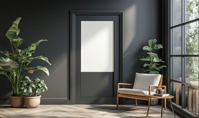Modern interior design featuring elegant door, plants, and stylish armchair