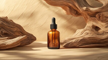 Fototapeta premium A skincare serum in an amber bottle is artistically placed near driftwood on a sandy background, highlighting the natural aesthetic