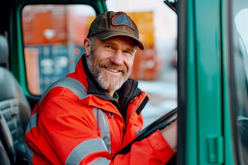 A man in a red jacket and hat is smiling and driving a truck