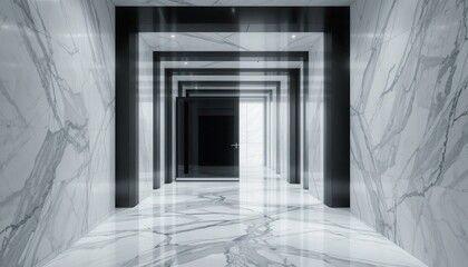 Obraz premium A sleek, modern hallway with reflective marble flooring and geometric black-and-white patterns creates a sense of depth and sophistication.
