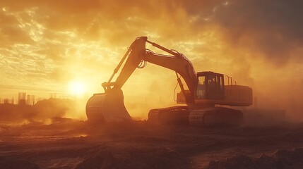 Sunset Silhouette of Excavator at Construction Site