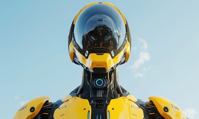 Fototapeta premium Futuristic yellow robot with advanced technology and sleek design against blue sky