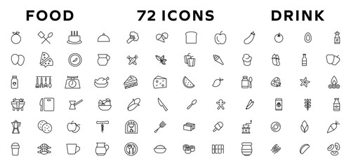 Food and drink icon collection set. Thin outline icons. Meat, milk, noodle, soup, bread, egg, cake, sweets, fruits, vegetables, drinks, nutrition, pizza, fish, sauce, cheese icon