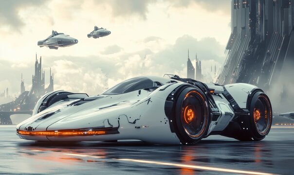 Futuristic sleek white hover car with glowing accents in sci-fi cityscape