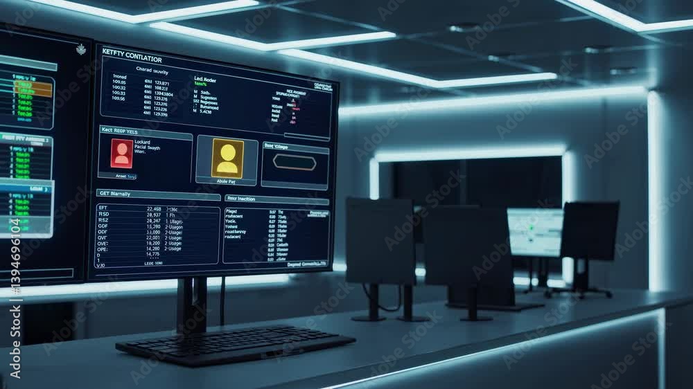 Poster data monitoring station showcasing multiple screens with real-time analytics and system connectivity