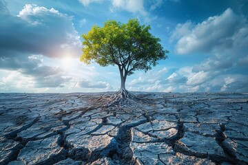 A tree is growing in a barren, rocky landscape