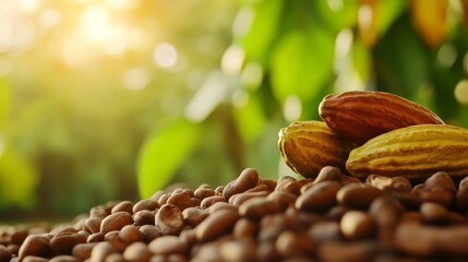 ripe cocoa pods and cocoa nibs with cocoa beans in the background, highlighting the raw materials for chocolate production.