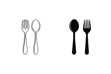 Fork And Spoon Cutlery In Black Silhouette And Line Art Style