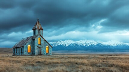 Fototapeta premium Weathered old church with glowing windows sits in the expansive Montana plain with snow-capped mountains looming in the background