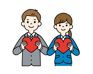 両手でハートを抱える、若い男女の会社員のベクターイラスト素材＿線の編集可能＿カラー