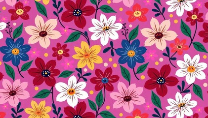 Bold fuchsia floral repeat, stylized blooms and stems, art, textile, contemporary
