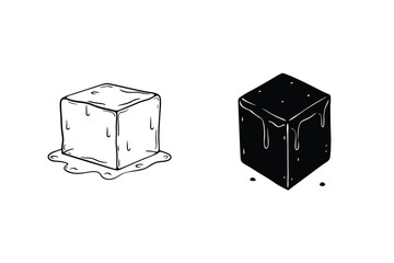 Hand Drawn Ice Cube Illustration In White And Black Monochrome Style