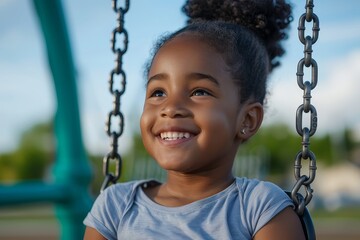 A young girl is sitting on a swing and smiling