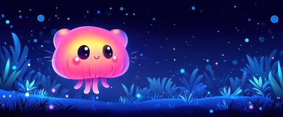 Cute glowing jellyfish in a magical night landscape