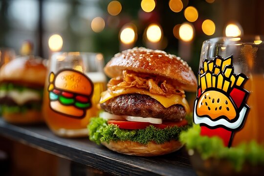 Ventana de vitral con un cheeseburger y acompa&ntilde;amientos en un entorno acogedor