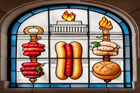 Ventana de vitrales con dise&ntilde;o de hotdog y otros alimentos en un edificio hist&oacute;rico