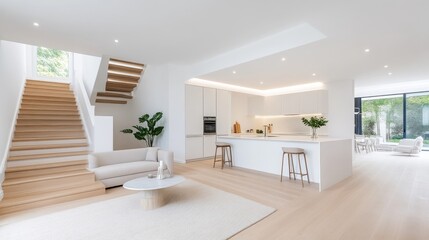 Fototapeta premium Open-concept, minimalist home with light, airy feel. Modern, light-filled living space with natural materials, featuring a light-wood staircase, kitchen, and living area