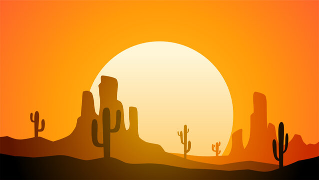 Desert landscape of canyon scenery with cactus and butte. Panoramic view of wild west desert with cacti and a sunset sky. Vector illustration of the scenic arizona desert with buttes and mesas