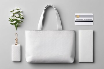 A minimalist flat lay of a shopping bag, credit card, and receipt on a neutral background