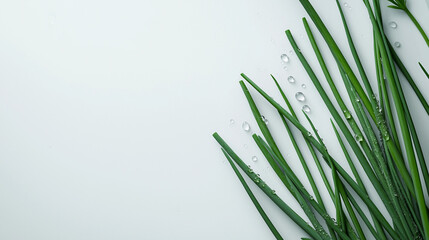 Studio shot of fresh chives with water droplets arranged at the bottom right corner over a white background