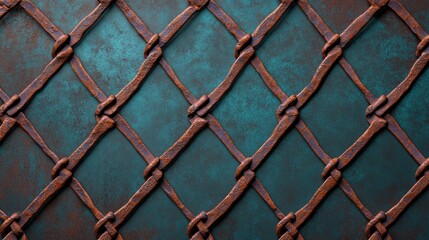 Fototapeta premium Rustic Metal Latticework on Teal Background - A textured symbolizing security, craftsmanship, aged beauty, intricate detail, and industrial design