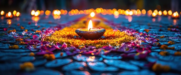 Floral Rangoli with Diya
