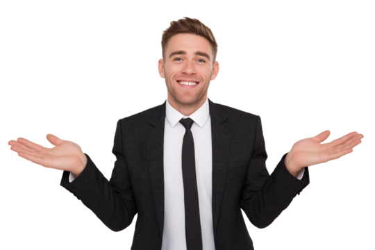 Smiling businessman gesturing with open arms isolated on transparent white background