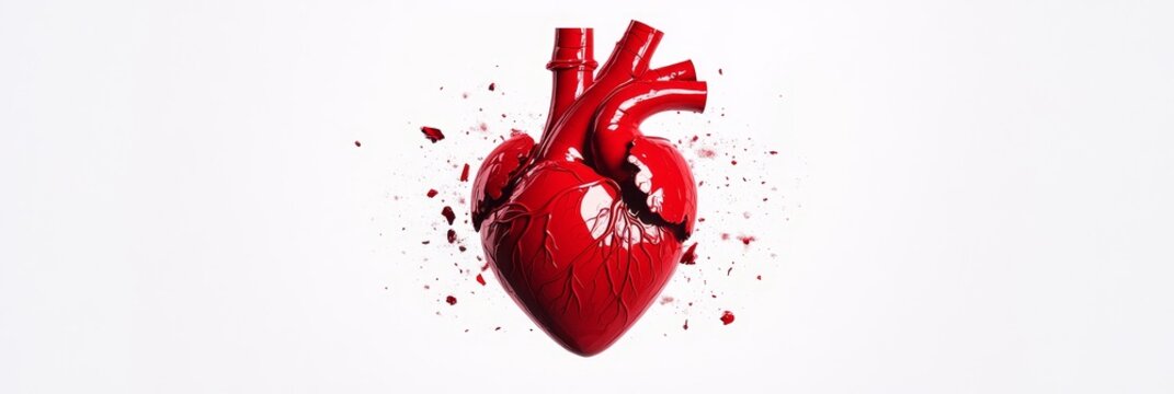 Shattered Red Heart Anatomy - A stylized anatomical heart, broken into pieces, symbolizes heartbreak, fragility, vulnerability, loss, and pain. The red color enhances the emotional impact