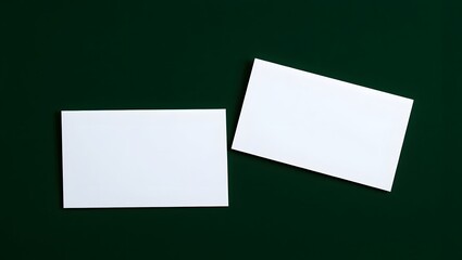 Blank white two business card or both side mockup on dark green background, empty visiting card identity corporate paper, advertisement branding promotional note