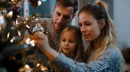 Family creates joyful holiday traditions decorating a sparkling Christmas tree