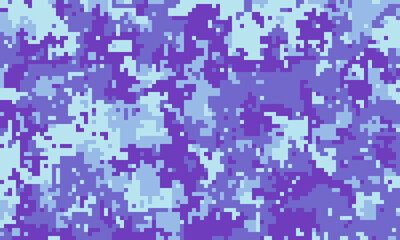 Abstract pixelated camouflage pattern in shades of purple and light blue.  Perfect for backgrounds, textiles, or digital designs needing a unique, modern texture.