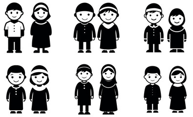 Muslim Kids Silhouette Icon Set – Islamic Boy and Girl Vector Illustrations in Traditional Eid Clothing