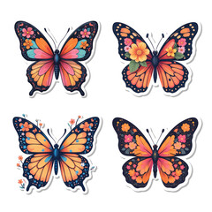 Obraz premium Illustration spring stickers colorful butterflies collection isolated on transparent background, PNG file