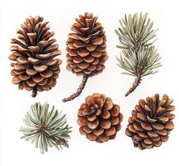 Watercolor Illustration of Pine Cones and Larch, Botanical Art for Nature Decor