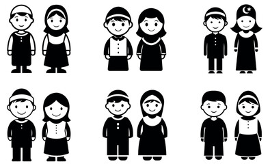 Muslim Kids Silhouette Icon Set – Islamic Boy and Girl Vector Illustrations in Traditional Eid Clothing