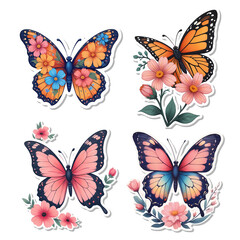 Obraz premium Illustration spring stickers colorful butterflies collection isolated on transparent background, PNG file add
