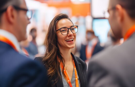 A smiling business woman at the trade show, talking to other people in suits and glasses with orange lanyards around their necks