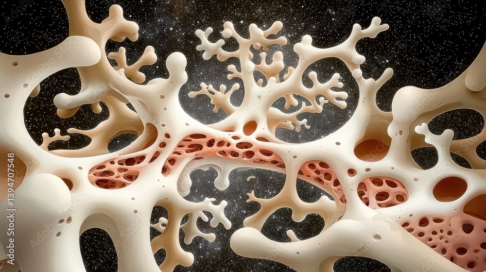 Fototapete a 3d rendering of a complex, organic structure with a network of interconnected tubes and cavities.