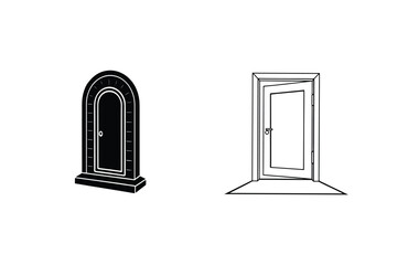 Two Unique Doors Simple Line Art Black And White Illustration