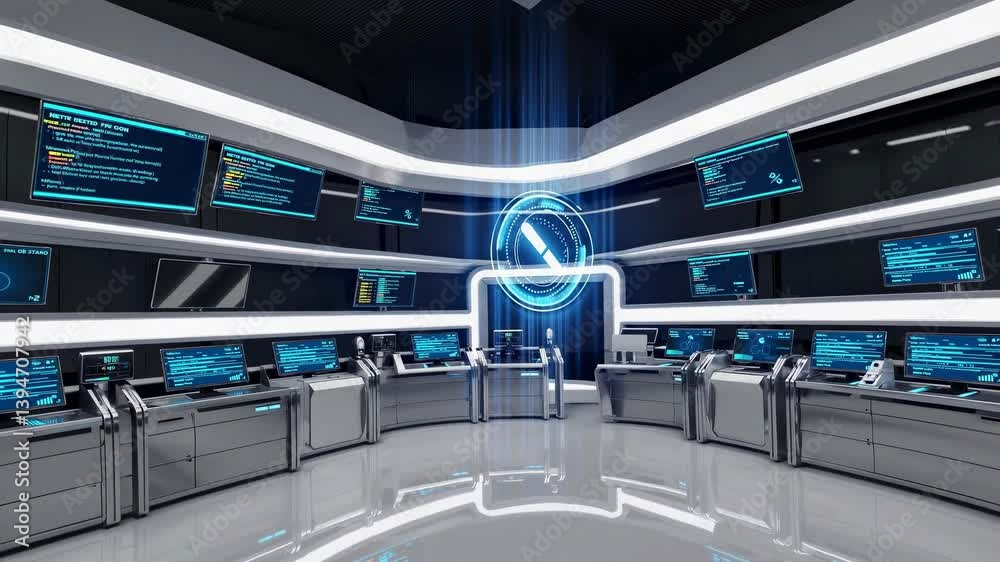 Poster high-tech control room with multiple screens showcasing real-time data and analytics
