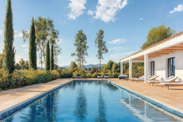 Fototapeta premium Tranquil Poolside Villa with Garden and Modern Design