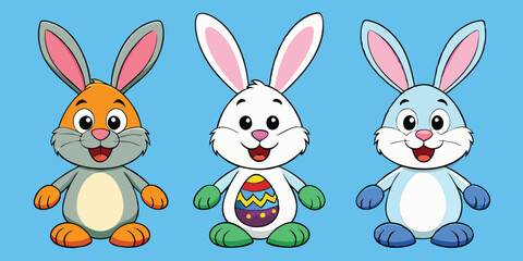 Fototapeta premium Cute Easter Bunnies. Adorable Cartoon Rabbits with Festive Eggs
