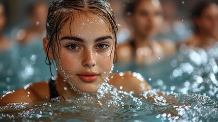 Obraz premium Young woman in a pool, splashing water