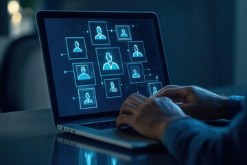 Person using laptop with network of user icons