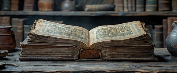 Obraz premium Aged book, open on wooden table