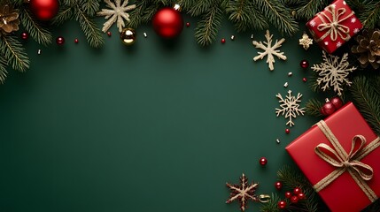 Festive Christmas Green Background with Red Gifts and Ornaments