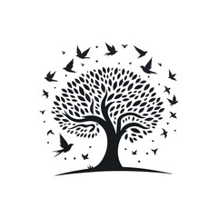A tree logo with birds flying with white background 