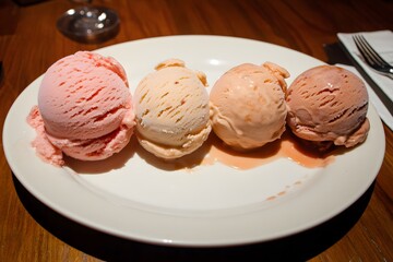 Delicious Scoops of Strawberry, Vanilla, Peach Ice Cream on Plate