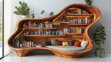 Modern wooden bookcase with built-in seating area